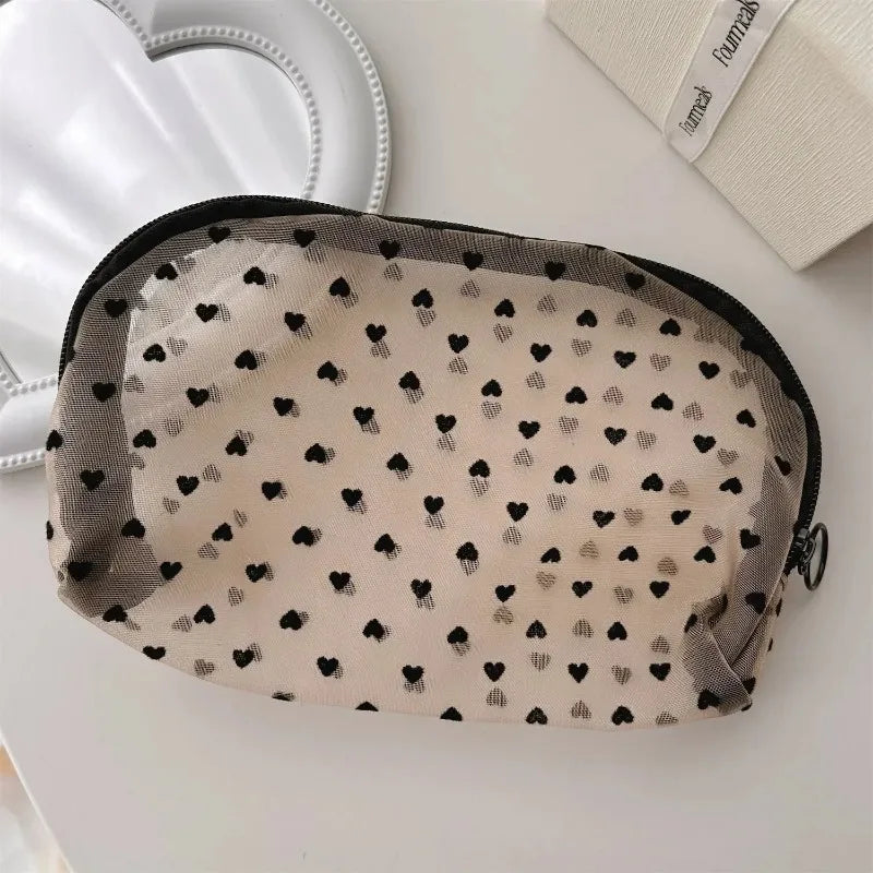 Antmvs Antmvs - Mesh Cosmetic Makeup Bags Case Holder Cute Transparent Zipper Black Heart Printed Pencil Pen Case Pouch Convenient To Carry