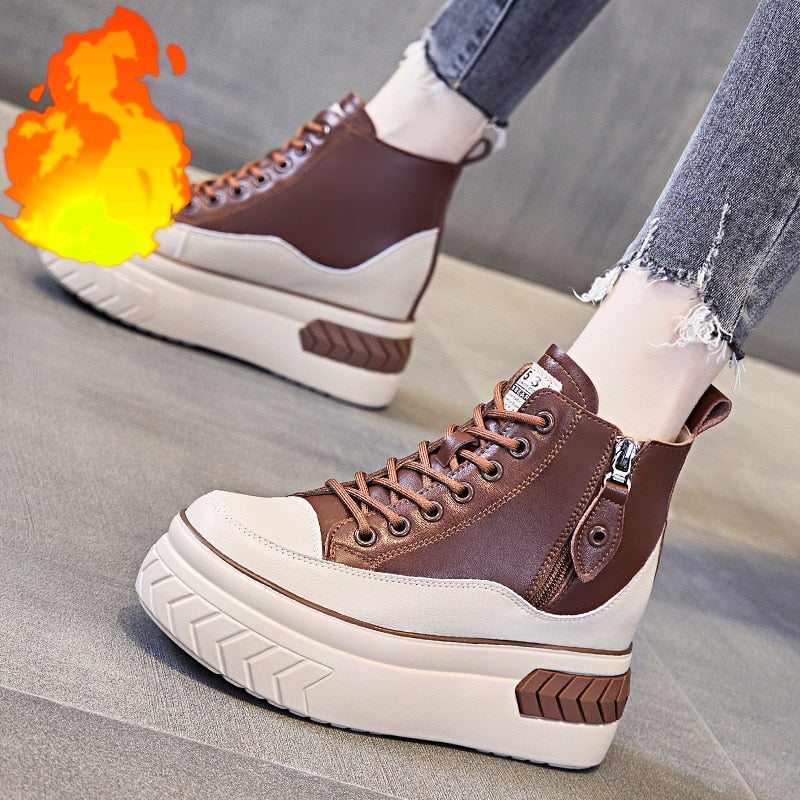 antmvs  High Top Women Shoes Genuine Pleather 8Cm Platform Wedge Hidden Heel Zipper Spring Autumn Warm Fur Winter Shooes Sneakers