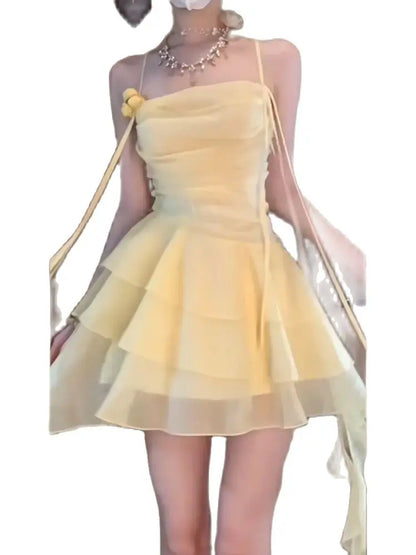 Antmvs  -  Japan Woman's Sexy Dress Yellow Square Collar Sleeveless Backless Summer Dresses Woman Trendy  New