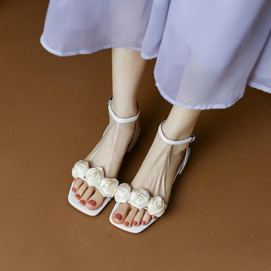 Antmvs Summer Women Sandals Flower Decoration Square Peep Toe Low Heel Females Slippers Fashion Elegant Leisure Ladies Shoes