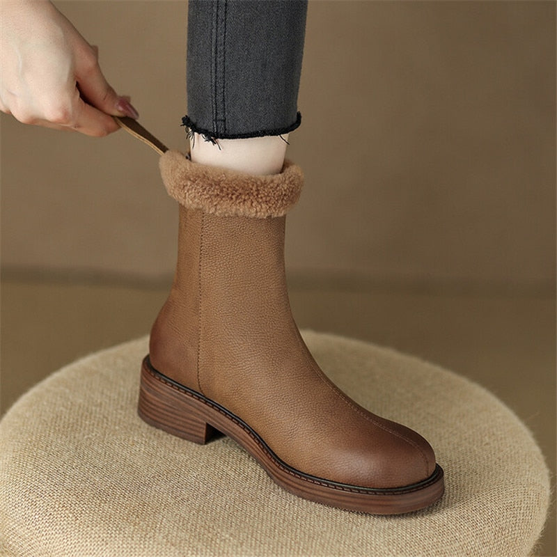 Antmvs New  Winter Ankle Boots Women Chunky Heels Round Toe Boots Casual Shoes For Women Thermal Plush Boots Simplicity Women Boots