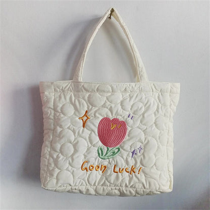 Antmvs Antmvs Flower Design Tulip Embroidery Handheld Tote Bag Students In Class Canvas Bag Simple Shopping Bag Handbag