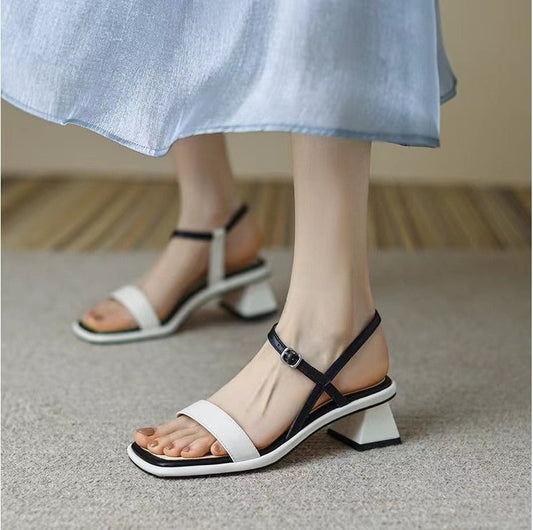 Antmvs Summer Women Sandals Color Matching Square Toe Buckle Mid Block Heel Females Slippers Fashion High Quality Cozy Lady Shoe