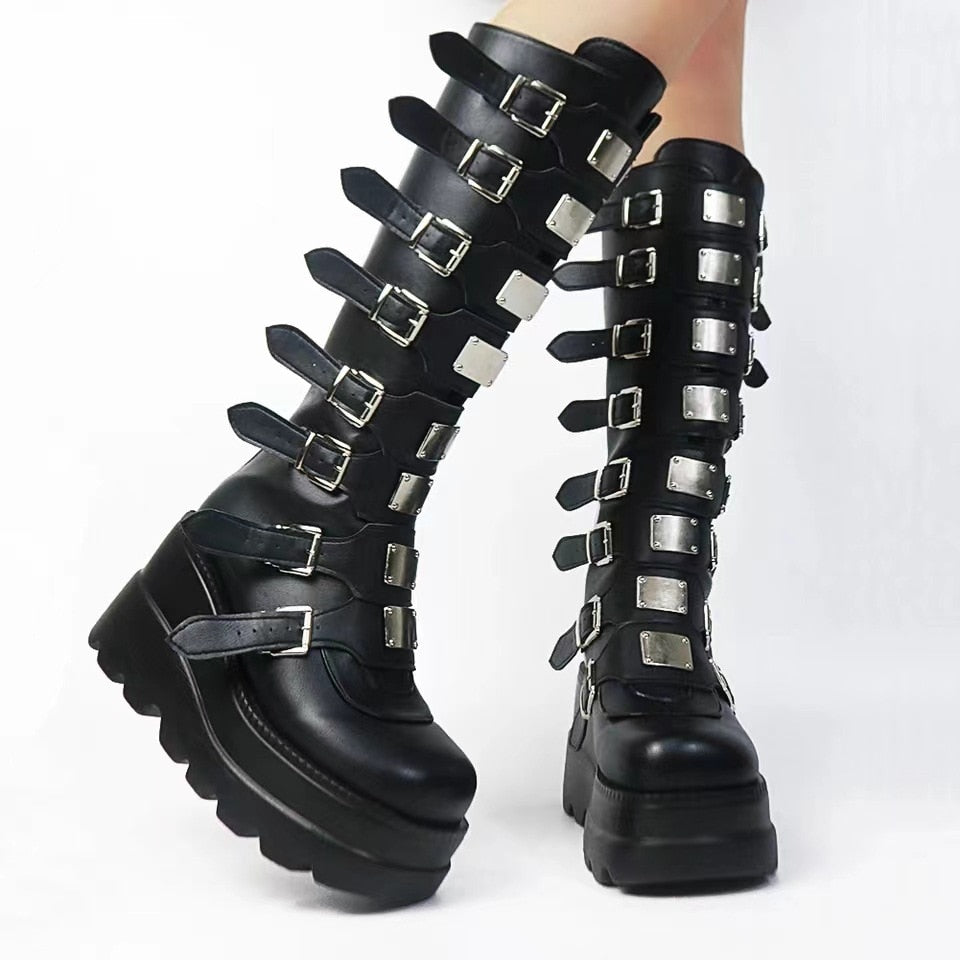 antmvs  Women's Black Long Thigh High Boots Fall Metal Buckle Punk Gothic 11Cm Platform Boot Woman Wedges High Boots Botas Femininas