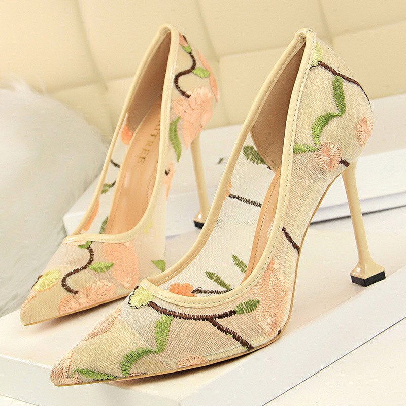 antmvs  Summer Fashion High Heels Women's Floral Embroidered Lace   Party Stiletto High Heels Mesh Women's Shoes