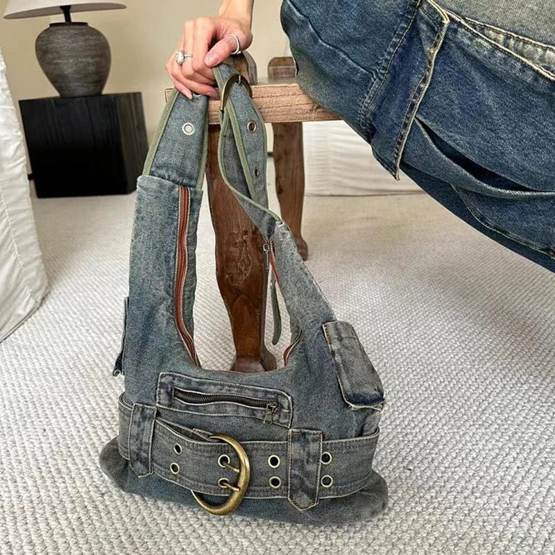 Antmvs Antmvs - Trendy Women Vintage Denim Punk Shoulder Bag Design Y2k Streetwear Grunge Handbag Cool Girls Retro Gothic Casual Underarm Bags