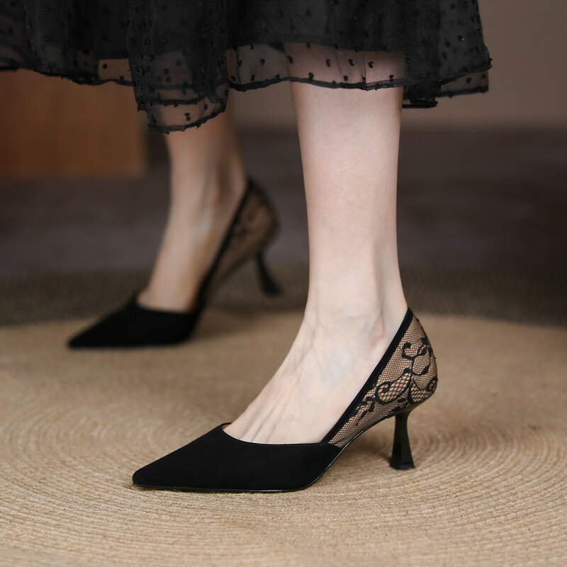 Antmvs Lace Women's Stiletto Retro Pointed Splicing Thin Heel Ladies Pumps New   Fashion Shallow Mouth Female Single Shoes