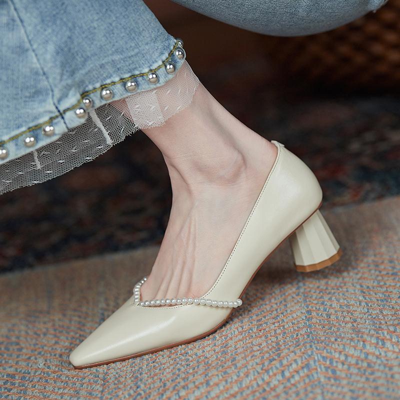 Antmvs Pearls Women's Shoes Pointed Elegant Square Head Female Pumps Retro Summer High-heeled Shallow Mouth Ladies Work Shoes