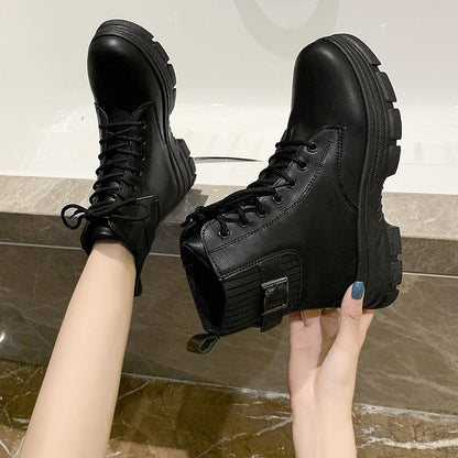 Antmvs New Women White Ankle Boot PU Leather Thick Sole Lace Up Combat Booties Female Autumn Winter Platform Shoes Rubber Cowboy Boots