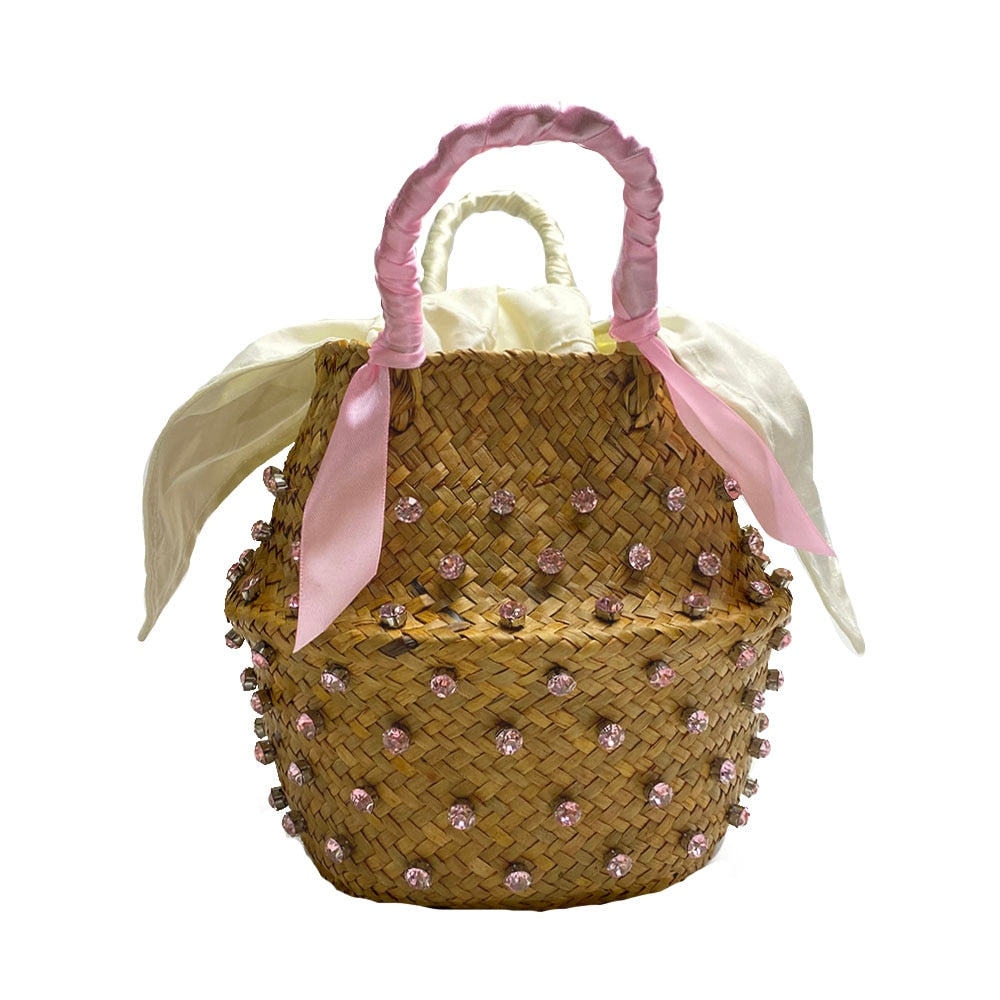 Antmvs Antmvs Handmade Sewing Holiday Fashion Crystal Woven Basket Diamond Tote Luxury Beach Resort Retro Handbag Bag Women Design Straw