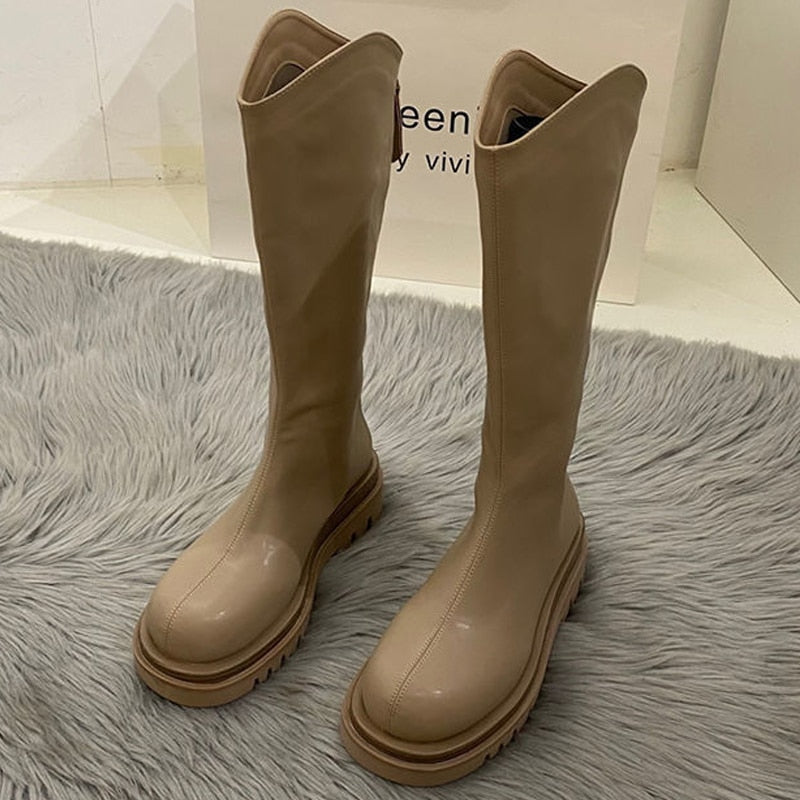 Antmvs Women Boots Fashion Casual Non Slip Zipper Knee Boots Woman Comfortable Round Boots Ladies Platform PU Winter Boot Female