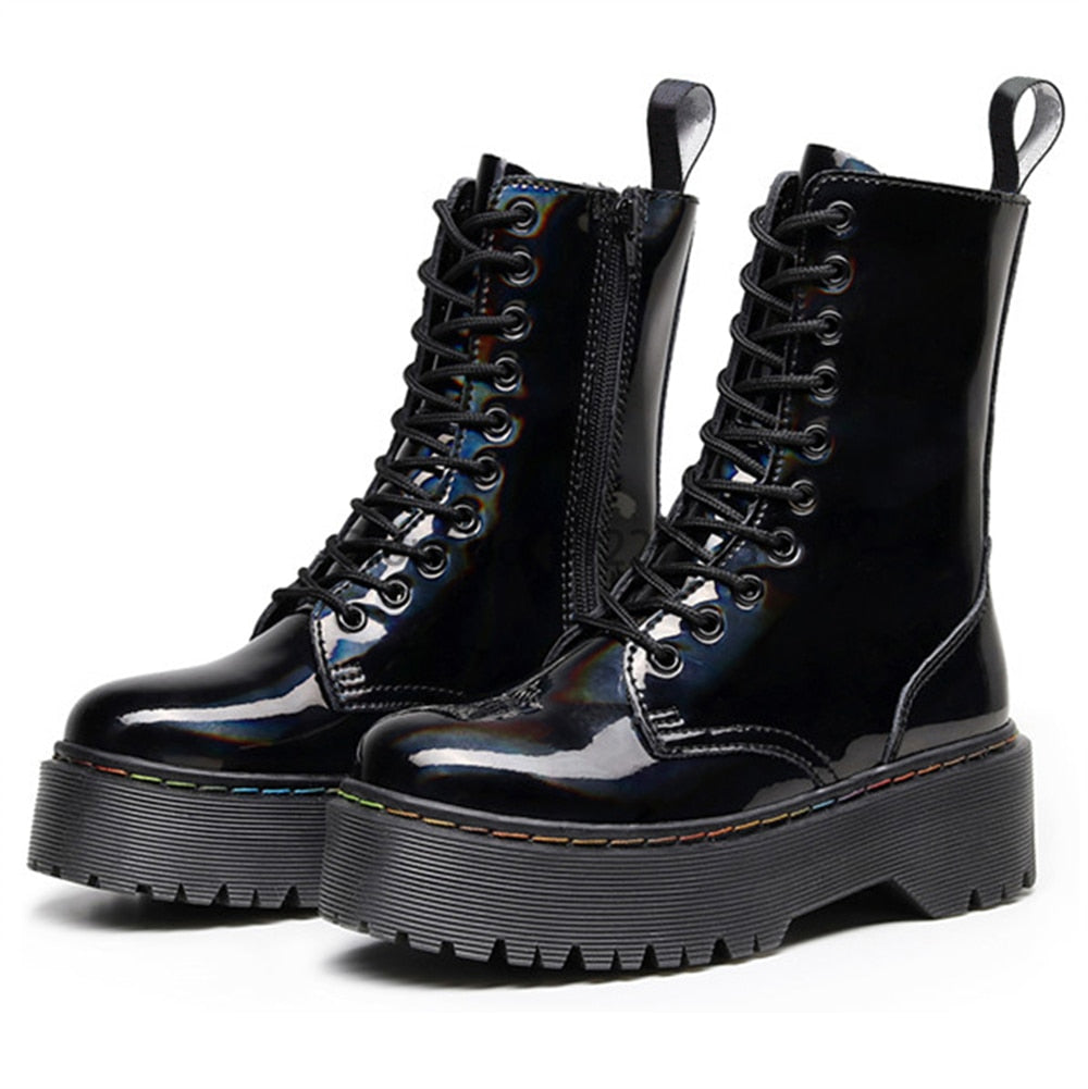 Antmvs  Winter Women Boots Leather Reflective Female Lace Up Platforms Boot Increase Height Punk Boots Black Casual High-Top Shoes