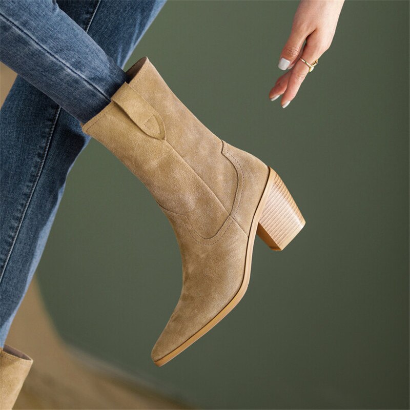 Antmvs  New Autumn/Winter Women's Boots Pointed Toe Chunky Heel Short Boots Cow Suede Western Boots Shoes For Women High Heels