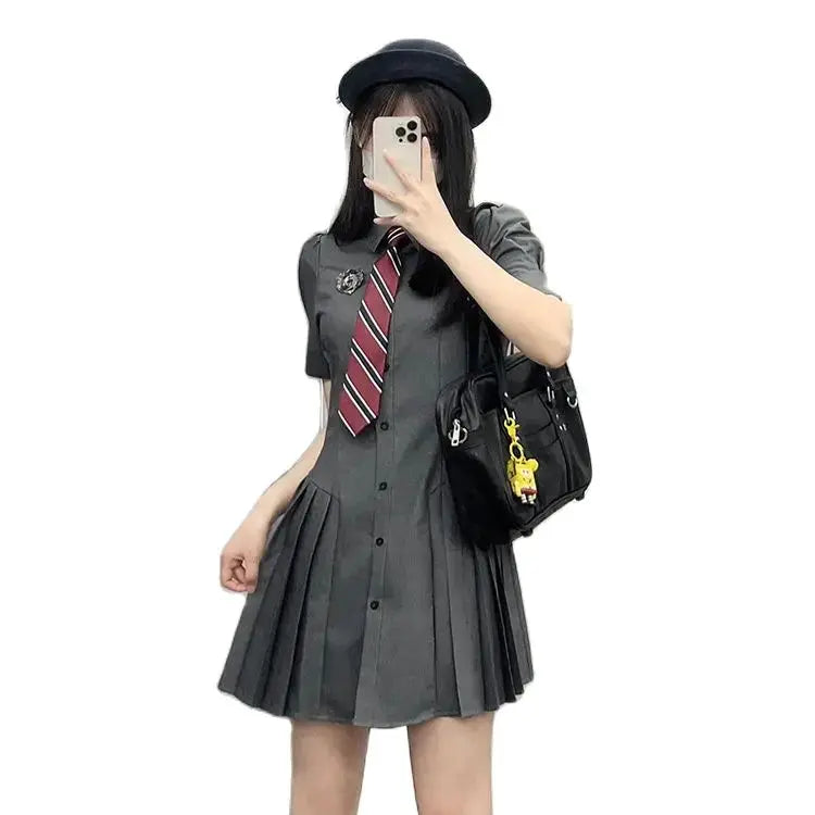 Antmvs  -  Women Dress Sweet Original JK Uniform Mini Dresses Gray Slim  Preppy Pleated Short Skirts Summer Female Trendy Clothes