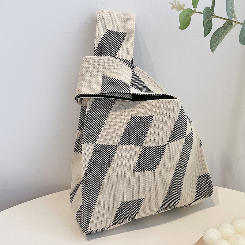 Antmvs Antmvs Striped Knit Woven Tote Handbag Japanese Bag Mini Color Women Knit Student Shopping Handmade Tote Bag Wrist Bag Shopping Bag