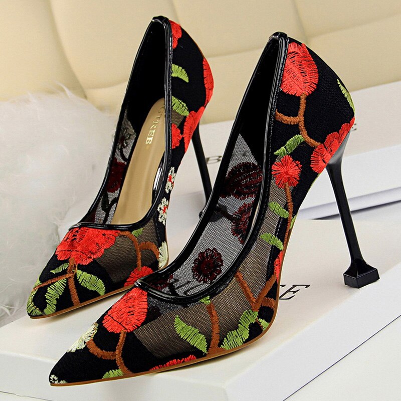 antmvs  Summer Fashion High Heels Women's Floral Embroidered Lace   Party Stiletto High Heels Mesh Women's Shoes