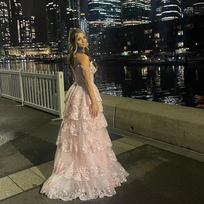 Women's Off The Shoulder Prom Dresses Long Ball Gown with Slit Sparkly Sequins Tiered Skirt Formal Party Gowns Evening Dress