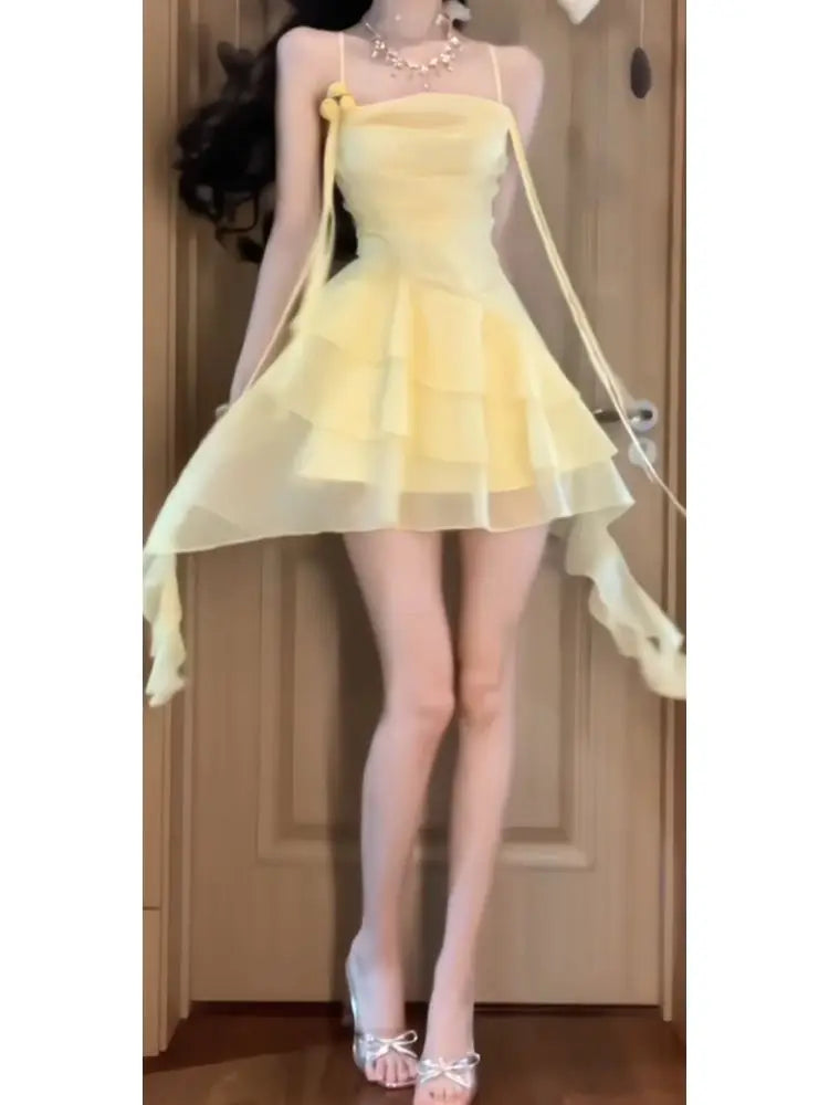 Antmvs  -  Japan Woman's Sexy Dress Yellow Square Collar Sleeveless Backless Summer Dresses Woman Trendy  New