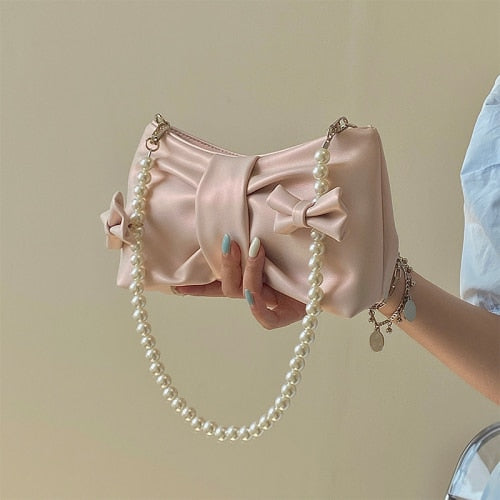 Antmvs Graduation Gift Girly Pearl Bow Cute Underarm Bag Fairy Women's Small Pink Shoulder Bag Soft PU Leather Female Pearlescent Clutch Purse Handbags