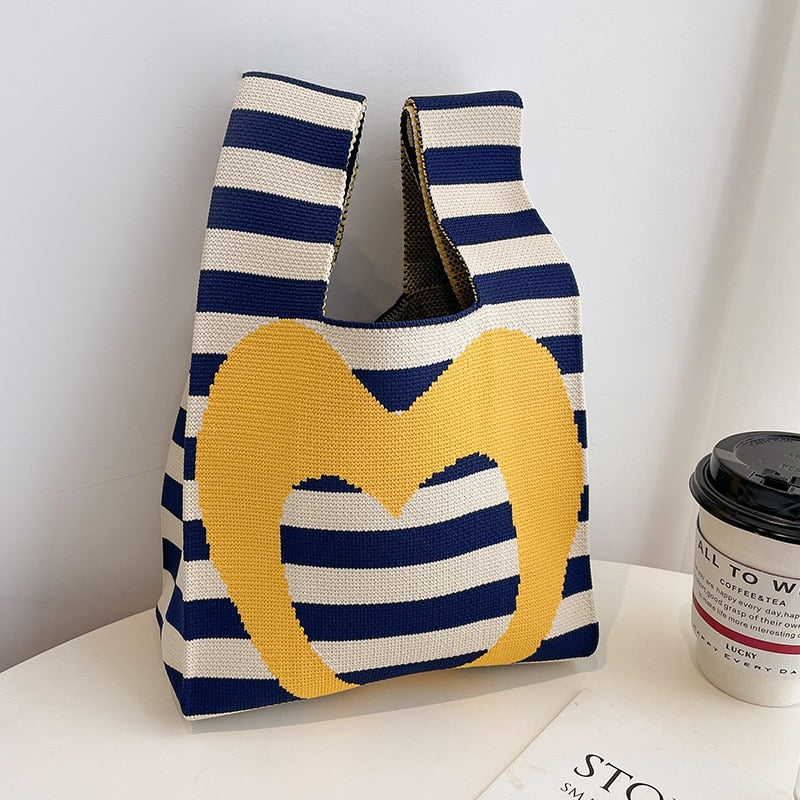 Antmvs Antmvs Striped Knit Woven Tote Handbag Japanese Bag Mini Color Women Knit Student Shopping Handmade Tote Bag Wrist Bag Shopping Bag