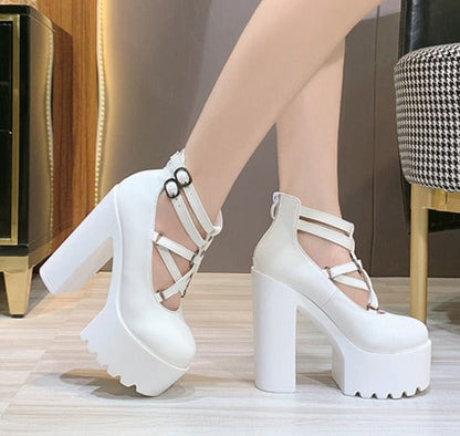 Thanksgiving  Antmvs  Fashion Women Pumps High Heels Zipper Rubber Sole Black Platform Shoes Spring Autumn Leather Shoes Female Gothic Pentagon