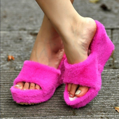 Antmvs Luxury New Women Feminine High-Heeled Fur Drag Outdoor All-Match Shoes Slippers Round Head Wedges With Mink Fur Slippers