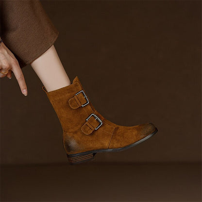 Antmvs  Autumn Winter Round Toe Women Boots Chunky Heel Shoes For Women Short Boots Belt Buckle Low Heels Sheep Suede Knight Boots