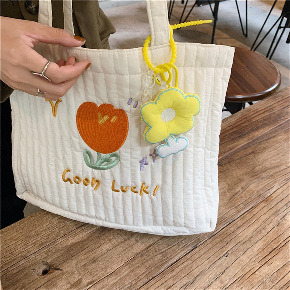 Antmvs Antmvs Flower Design Tulip Embroidery Handheld Tote Bag Students In Class Canvas Bag Simple Shopping Bag Handbag