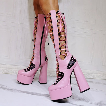 Antmvs  Summer Platform Chunky High Heels Leather Boots Women Hollow Lolita Mixed Color Sandals Botas Mujer Shoes Female Big Size 14 15