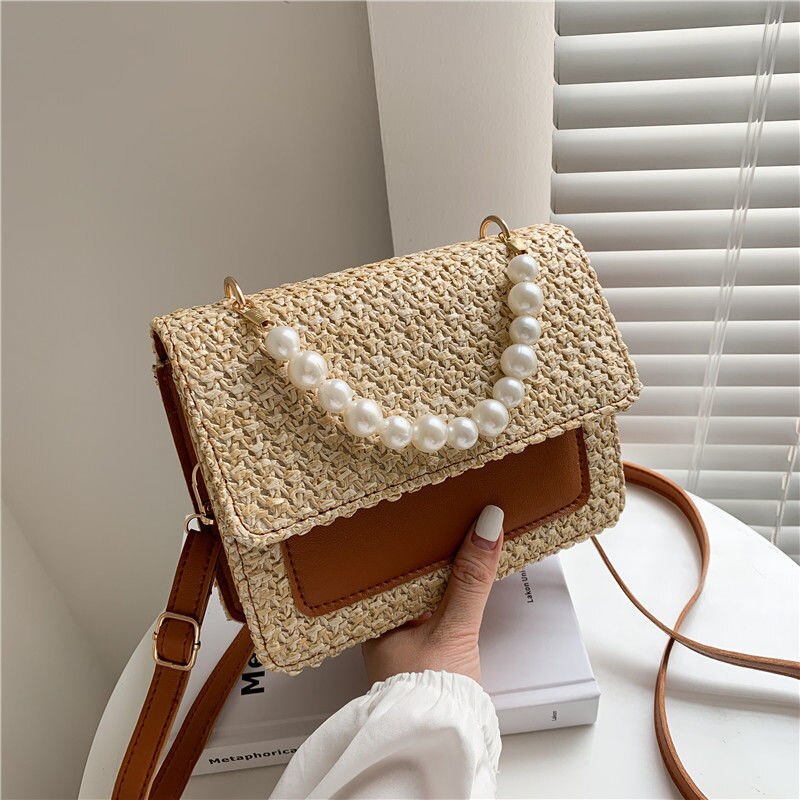 Antmvs Antmvs  Straw Beaded Shoulder Messenger Bag Ladies Handbag Wallet Leather Simple Trend Purses and Handbags  Little Bag for Women