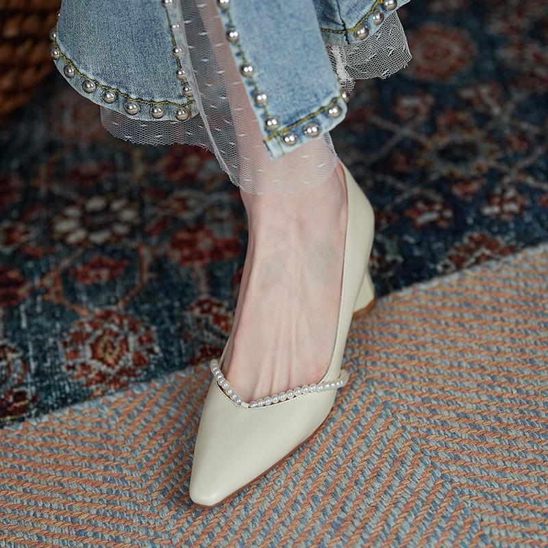 Antmvs Pearls Women's Shoes Pointed Elegant Square Head Female Pumps Retro Summer High-heeled Shallow Mouth Ladies Work Shoes