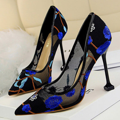 antmvs  Summer Fashion High Heels Women's Floral Embroidered Lace   Party Stiletto High Heels Mesh Women's Shoes