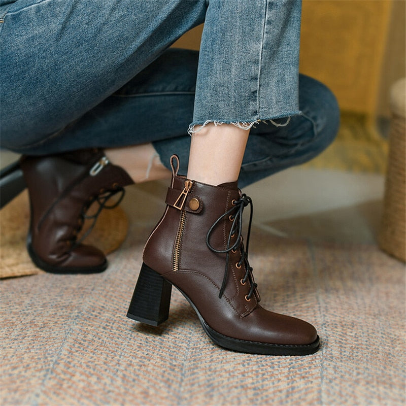 Antmvs  Autumn Winter Genuine Leather Women Boots Square Toe Lace-Up Women Shoes Chunky Heels Shoes For Women Side Zipper High Heel