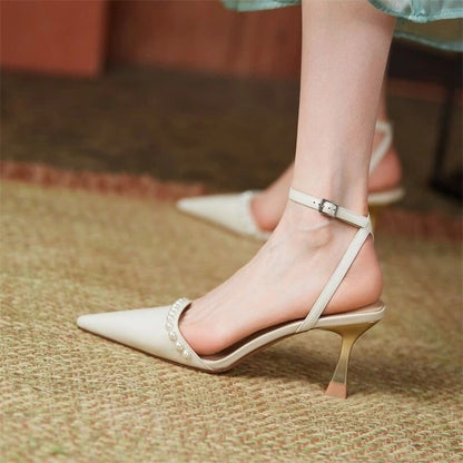 Antmvs New Summer Women Sandals Temperament Pearl Pointed Toe Stiletto Females Heels Solid Fashion High Quality Office Ladies Shoes