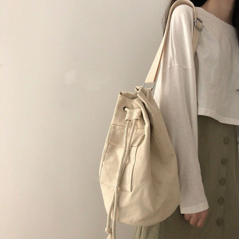 Antmvs Antmvs  Bucket Bag Pocket Canvas Drawstring Diagonal Straddle Bag One Shoulder Large Capacity Men's and Women's Backpack