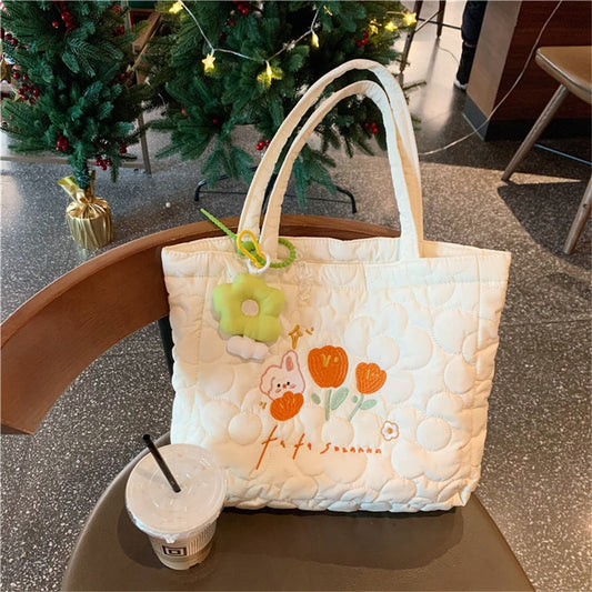 Antmvs Antmvs Flower Design Tulip Embroidery Handheld Tote Bag Students In Class Canvas Bag Simple Shopping Bag Handbag