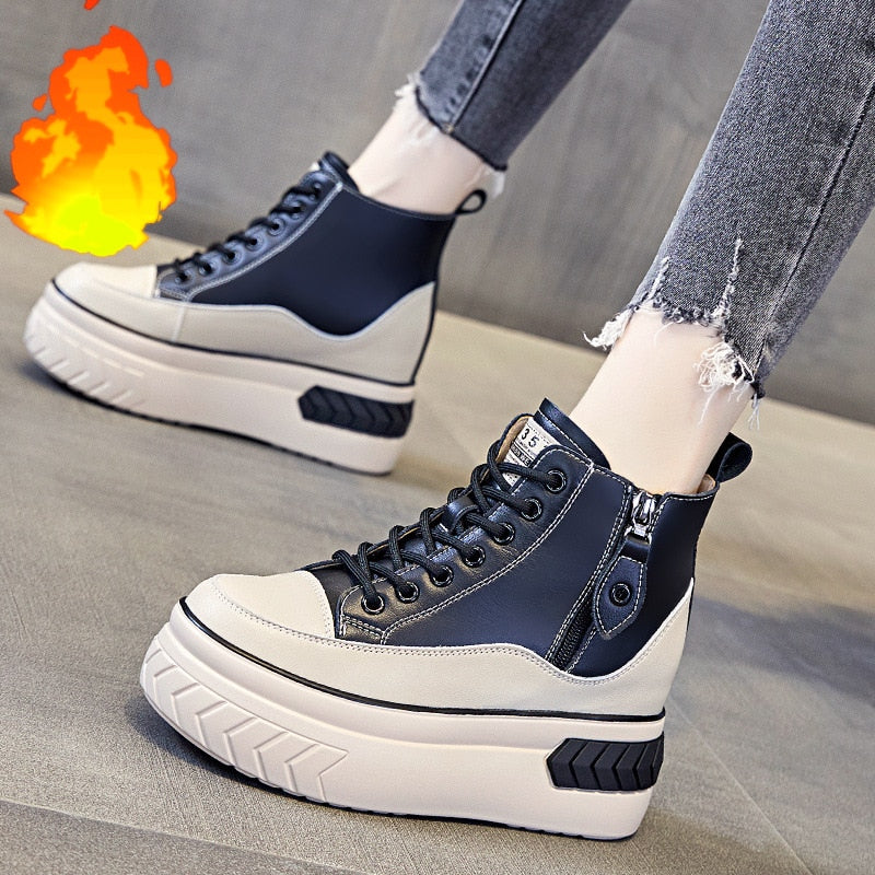 antmvs  High Top Women Shoes Genuine Pleather 8Cm Platform Wedge Hidden Heel Zipper Spring Autumn Warm Fur Winter Shooes Sneakers