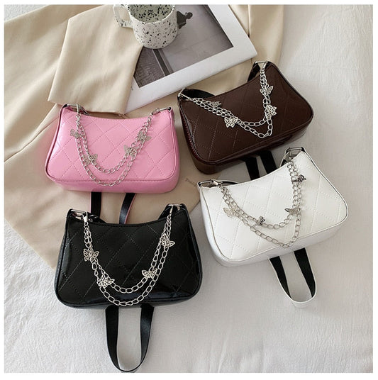 Antmvs Antmvs  Coarse Chain Portable Small Shoulder Bag PU Leather Messenger Bag Vintage Butterfly Chain Pure Color Zipper Handbag Underarm Bag