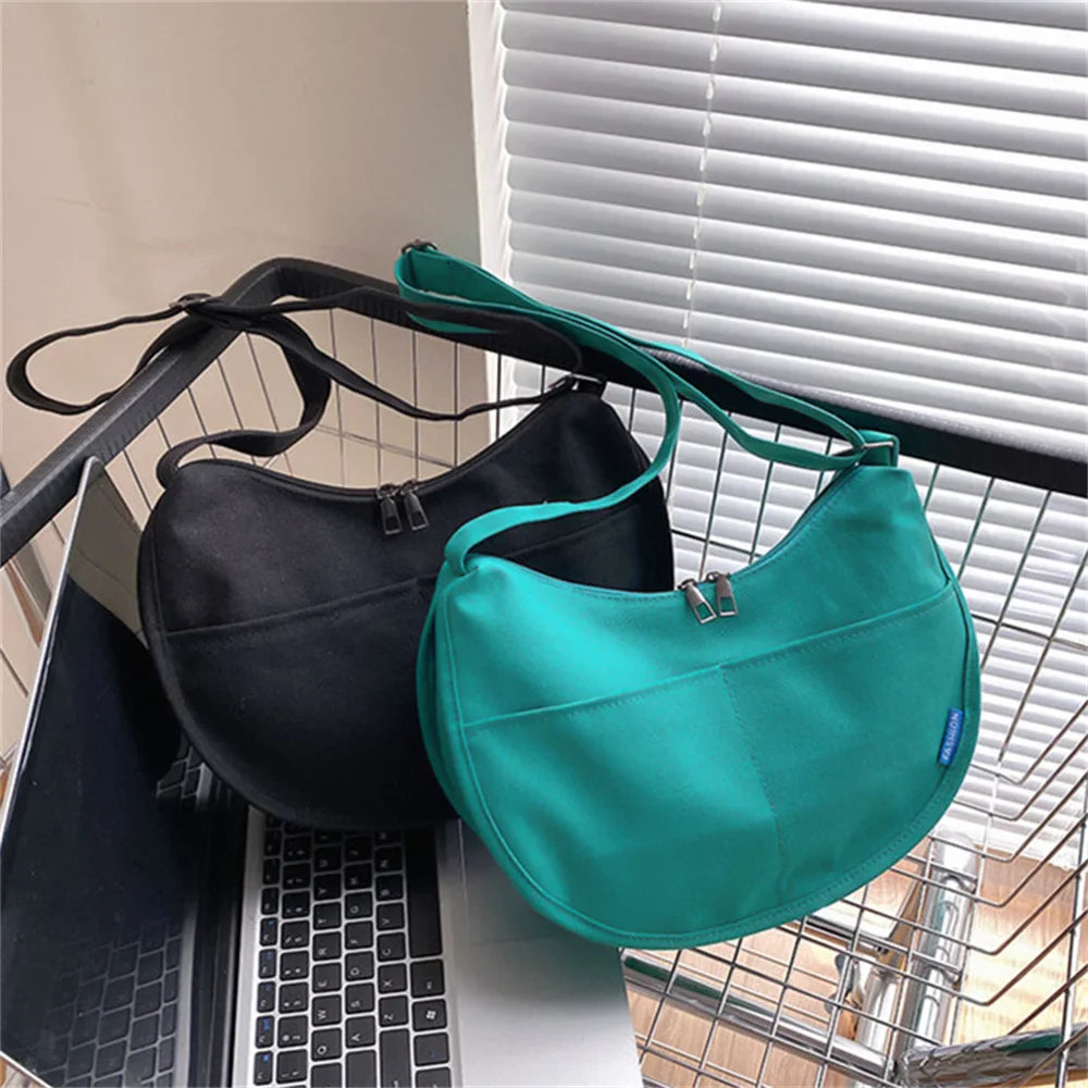 Antmvs Antmvs - Casual Canvas Bag Shoulder Bags Large Capacity Crossbody Bag Women Solid Simple Multifunction Handbags Half Moon Shape Sling Bag