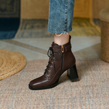 Antmvs  Autumn Winter Genuine Leather Women Boots Square Toe Lace-Up Women Shoes Chunky Heels Shoes For Women Side Zipper High Heel