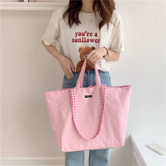 Antmvs Antmvs - 1 pc double-sided Plaid Shopping Bag Reusable 6 Colors large Canvas Shoulder Bag Lady Student Book Handbags Grocery Tote Bag