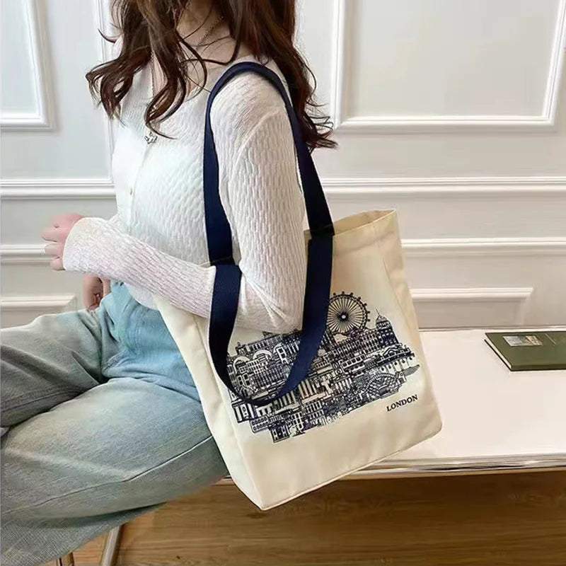 Antmvs Antmvs - Women Canvas Shoulder Bag London Books Print Ladies Casual Handbag Tote Bag Reusable Large Capacity Cotton Shopping Beach Bag