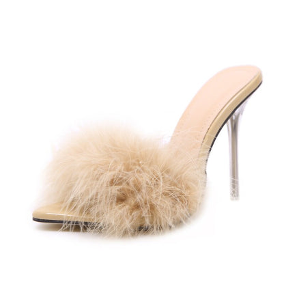 antmvs    Transparent High Heels Sandals   Feather Woman Slippers Fur Stiletto Pointed Mules Evening Party Women Shoes Rose 41