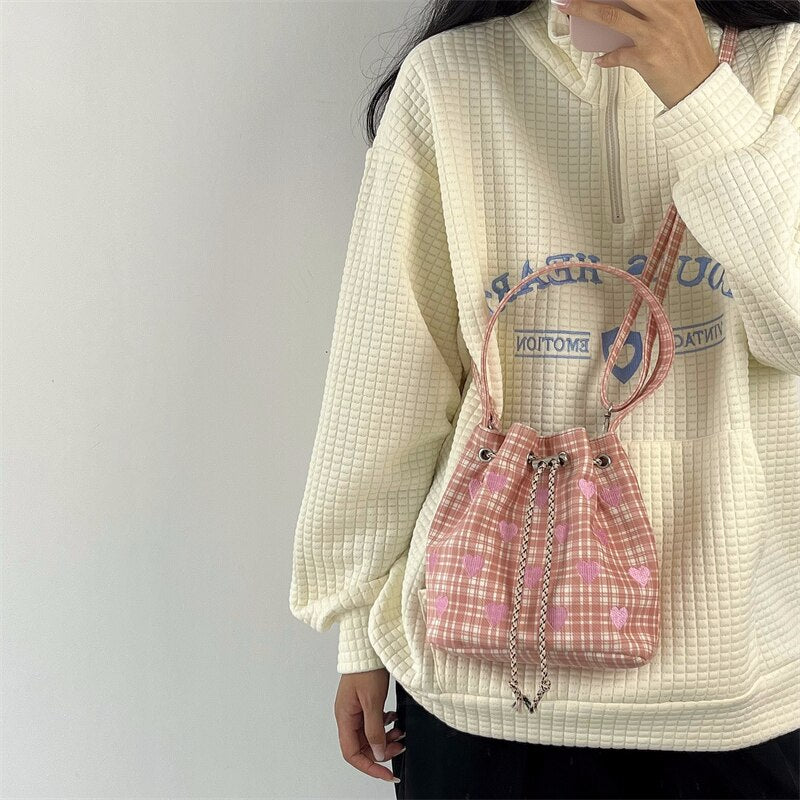 Antmvs Antmvs Pink Heart Embroidered Ladies Bucket Purse Handbags Fashion Love Women Messenger Bag Drawstring Female Girls Small Shoulder Bags