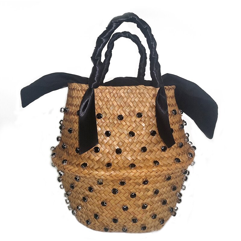 Antmvs Antmvs Handmade Sewing Holiday Fashion Crystal Woven Basket Diamond Tote Luxury Beach Resort Retro Handbag Bag Women Design Straw