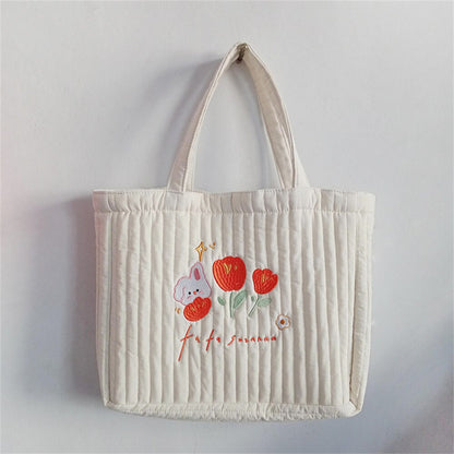 Antmvs Antmvs Flower Design Tulip Embroidery Handheld Tote Bag Students In Class Canvas Bag Simple Shopping Bag Handbag