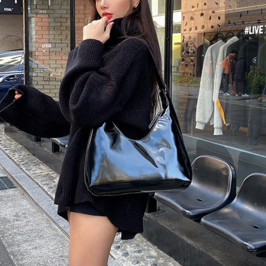 Antmvs Graduation Gift Fashion Design Women Shoulder Bags Vintage Patent Leather Ladies Underarm Bag Retro Solid Color Female Girls Half Moon Handbags