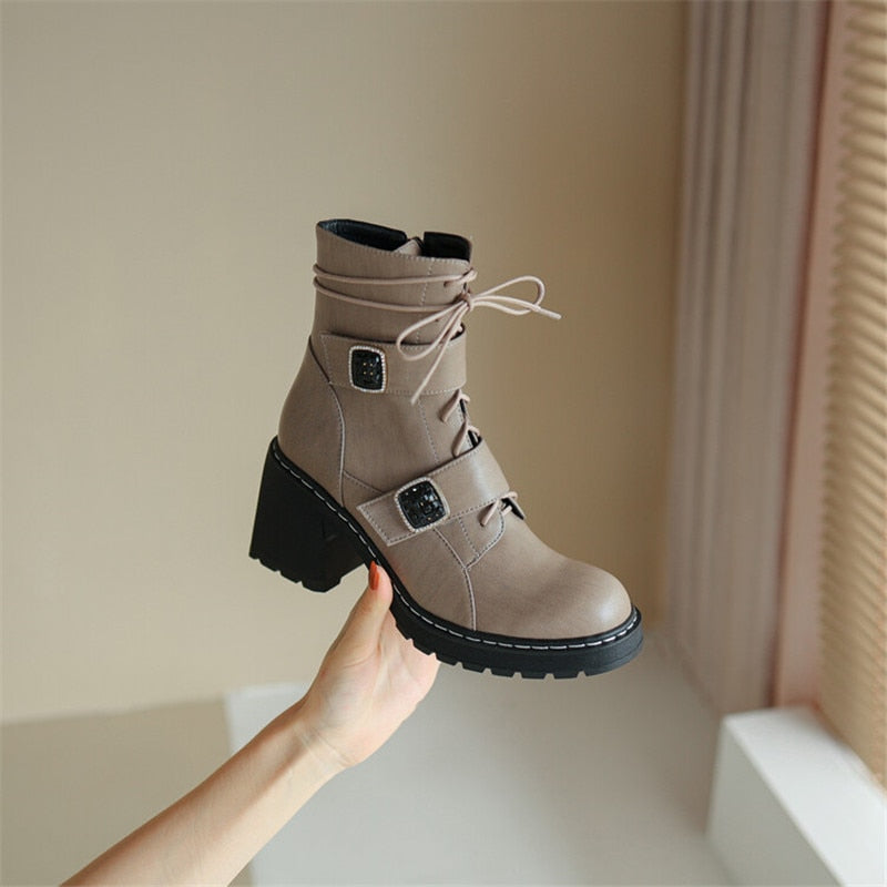 Antmvs  Autumn Winter Round Toe Women Boots Chunky Heel Shoes For Women Short Boots Belt Buckle Side Zipper High Heels Knight Boots