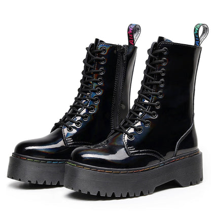 Antmvs  Winter Women Boots Leather Reflective Female Lace Up Platforms Boot Increase Height Punk Boots Black Casual High-Top Shoes