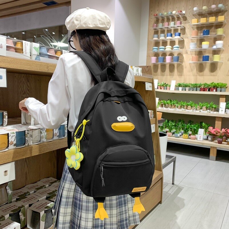 Antmvs Antmvs   Cute Women Backpack Nylon Cartoon Duck Kawaii Middle School Students Bags for Teenage Girls Solid Color Bookbags Casual